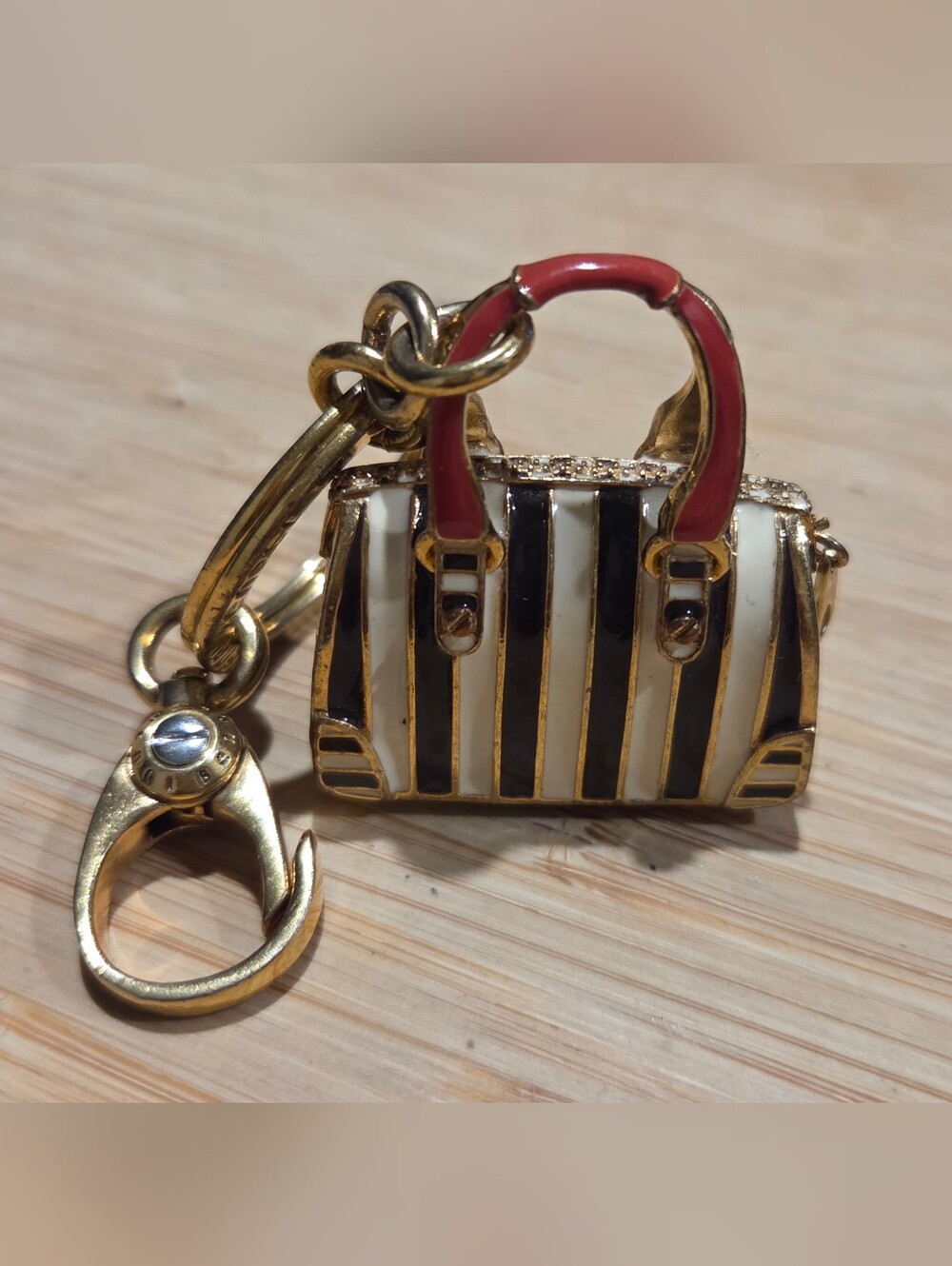 Rare 80s Henri Bendel Striped Speedy Mini Bag Charm with Red Handles